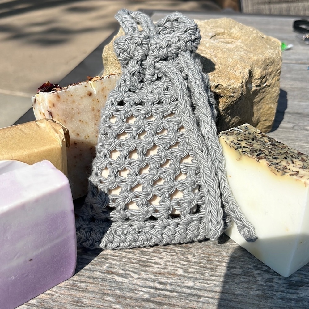 Handmade Crochet Soap Bag Cotton Heather Gray Cinch